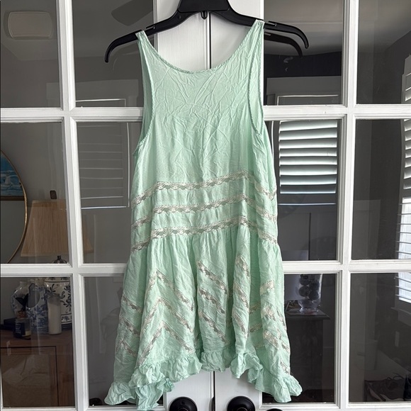 FREE PEOPLE} Boho Mint Green Polka Dot Lace Swing Trapeze Mini Dress Sz XS - Picture 4 of 4